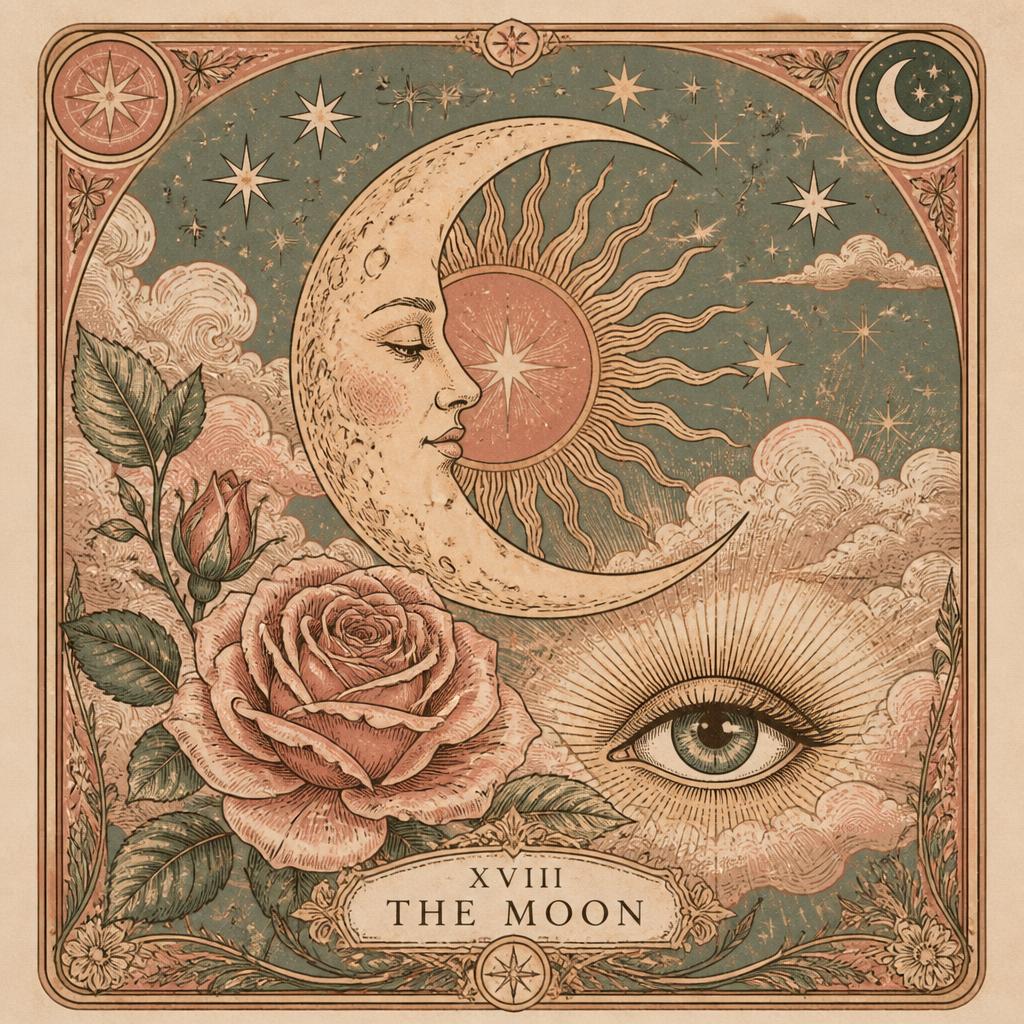 Vintage illustrated tarot card with the moon, sun and a rose